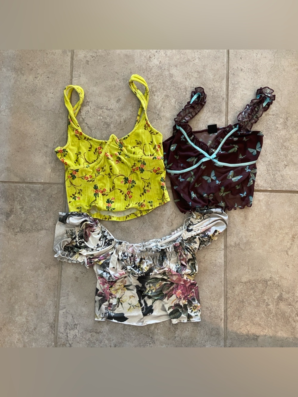 Floral Crop Tops Set - Yellow, Brown, Multicolor